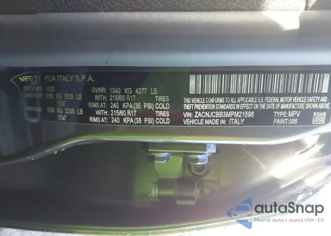 2021 Jeep Renegade Latitude Fwd z USA, uszkodzony, nr VIN ZACNJCBB3MPM21596